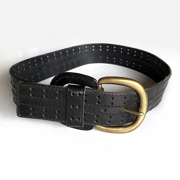 Vintage 90s Christian Dior Wide Black Cowhide Leather Waist Belt Size SM - Picture 3 of 9